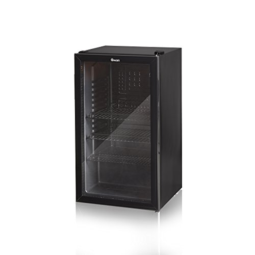 Swan 80L Glass Fronted Undercounter Freestanding Beverage/Drinks Fridge for Wine, Drinks & Snacks, 85W, SR12030BN, Black