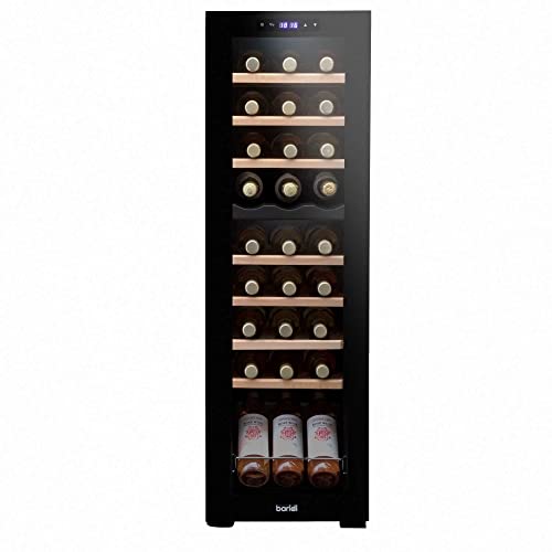 Baridi 27 Bottle Dual Zone Wine Cooler, Fridge with Digital Touch Screen Controls, Wooden Shelves & LED Light, Black - DH90