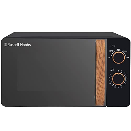 Russell Hobbs RHMM713B-N 17L 700w Scandi Compact Black Manual Microwave with 5 Power Levels, Wood Effect Handle & Dials, Timer, Defrost Setting, Easy Clean