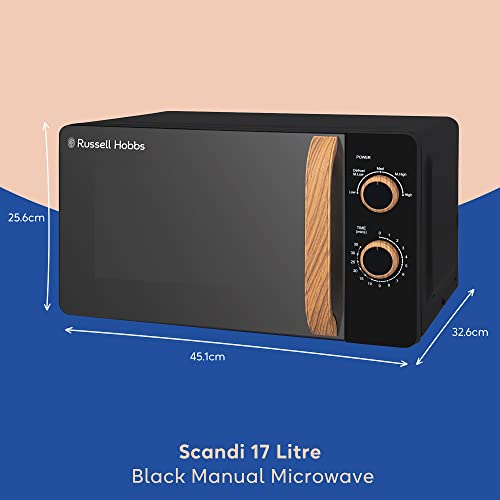 Russell Hobbs RHMM713B-N 17L 700w Scandi Compact Black Manual Microwave with 5 Power Levels, Wood Effect Handle & Dials, Timer, Defrost Setting, Easy Clean