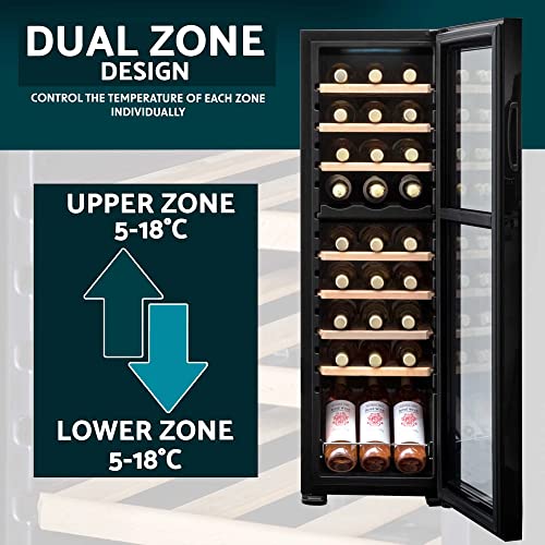 Baridi 27 Bottle Dual Zone Wine Cooler, Fridge with Digital Touch Screen Controls, Wooden Shelves & LED Light, Black - DH90