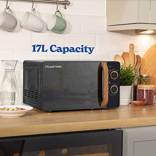Russell Hobbs RHMM713B-N 17L 700w Scandi Compact Black Manual Microwave with 5 Power Levels, Wood Effect Handle & Dials, Timer, Defrost Setting, Easy Clean