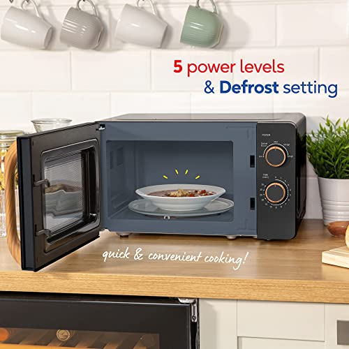 Russell Hobbs RHMM713B-N 17L 700w Scandi Compact Black Manual Microwave with 5 Power Levels, Wood Effect Handle & Dials, Timer, Defrost Setting, Easy Clean