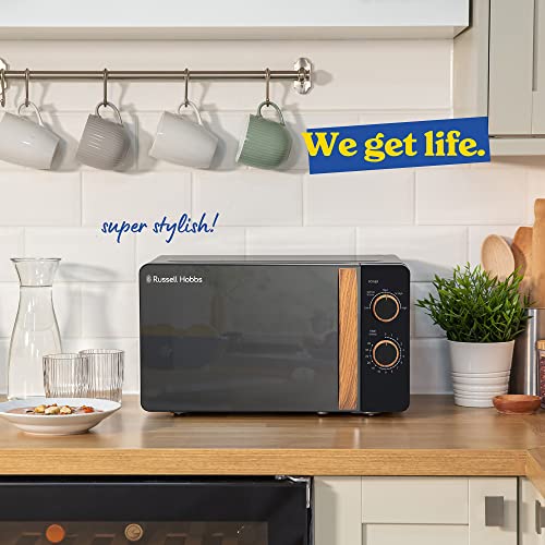 Russell Hobbs RHMM713B-N 17L 700w Scandi Compact Black Manual Microwave with 5 Power Levels, Wood Effect Handle & Dials, Timer, Defrost Setting, Easy Clean