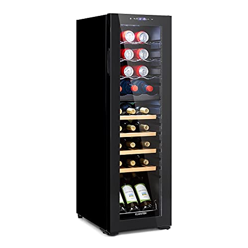 Klarstein Bovella 27 Duo+ Two-Zone Wine Cooler - Wine Refrigerator, Beverage Refrigerator, Two Separate Cooling Zones, Glass Door, Compact Dimensions, Stylish, Capacity: 74 litres / 27 Bottles