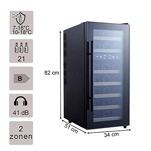 Cavecool wine cooler for 21 bottles | Wine Cooler with two temperature zones 7-18°C and 10-18°C| Eco friendly Wine Fridges with Energy class B | Black glass