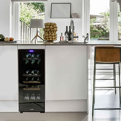 Baridi 18 Bottle Dual Zone Wine Cooler, Fridge with Digital Touch Screen Controls, Wooden Shelves & LED Light, Black - DH89
