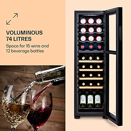 Klarstein Bovella 27 Duo+ Two-Zone Wine Cooler - Wine Refrigerator, Beverage Refrigerator, Two Separate Cooling Zones, Glass Door, Compact Dimensions, Stylish, Capacity: 74 litres / 27 Bottles