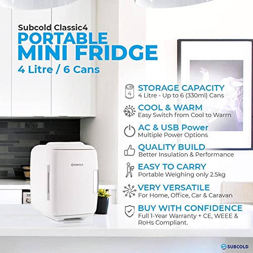 Subcold Classic4 Mini Fridge - Cooler & Warmer | 4 Litre/6 Cans | AC+USB | Portable Small Fridge for Skincare, Bedroom, Dorm, Car, Travel (White)