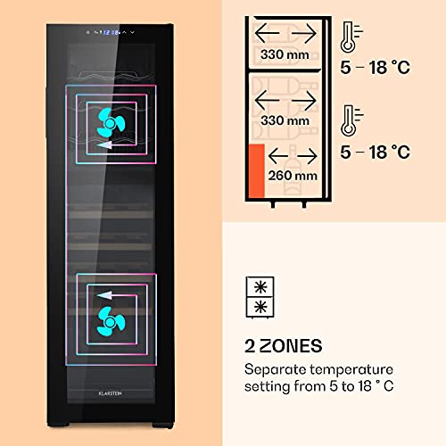 Klarstein Bovella 27 Duo+ Two-Zone Wine Cooler - Wine Refrigerator, Beverage Refrigerator, Two Separate Cooling Zones, Glass Door, Compact Dimensions, Stylish, Capacity: 74 litres / 27 Bottles
