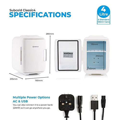 Subcold Classic4 Mini Fridge - Cooler & Warmer | 4 Litre/6 Cans | AC+USB | Portable Small Fridge for Skincare, Bedroom, Dorm, Car, Travel (White)
