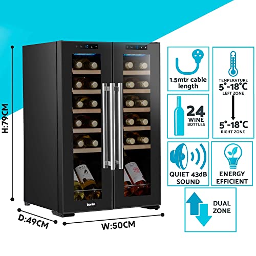 Baridi 24 Bottle Dual Zone Wine Cooler, Fridge, Touch Screen, LED Light Black and Mirror Glass Door – DH97