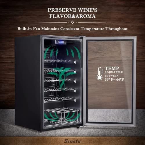 SMETA Wine Fridge,wine cooler fridge,33 Bottles Wine Fridge with Glass Door, under counter wine cooler,digital touch screen ＆ LED Lights, wine fridge with Stainless Steel Frame, Black, 95L