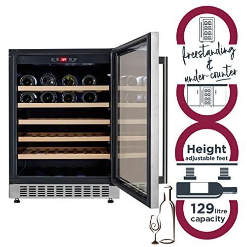 Cookology CWC605SS Freestanding Undercounter Fridge Cabinet 60cm Wine Cooler, 54 Bottle, 135L Capacity, with Digital Temperature Control and Reversible Door - in Stainless Steel