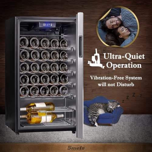 SMETA Wine Fridge,wine cooler fridge,33 Bottles Wine Fridge with Glass Door, under counter wine cooler,digital touch screen ＆ LED Lights, wine fridge with Stainless Steel Frame, Black, 95L