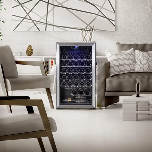 SMETA Wine Fridge,wine cooler fridge,33 Bottles Wine Fridge with Glass Door, under counter wine cooler,digital touch screen ＆ LED Lights, wine fridge with Stainless Steel Frame, Black, 95L