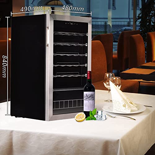 SMETA Wine Fridge,wine cooler fridge,33 Bottles Wine Fridge with Glass Door, under counter wine cooler,digital touch screen ＆ LED Lights, wine fridge with Stainless Steel Frame, Black, 95L