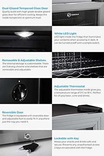 Subcold Super65 LED - Table-Top Fridge | 65L Beer, Wine and Drinks Fridge | LED Light + Lock and Key | Energy Efficient (Silver)