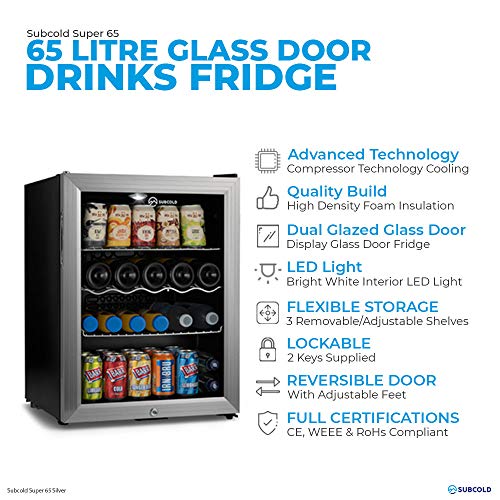 Subcold Super65 LED - Table-Top Fridge | 65L Beer, Wine and Drinks Fridge | LED Light + Lock and Key | Energy Efficient (Silver)