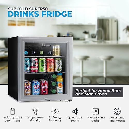 Subcold Super50 LED – Mini Fridge | 50L Beer, Wine & Drinks Chiller | LED Light + Lock & Key | Energy Efficient (Silver)