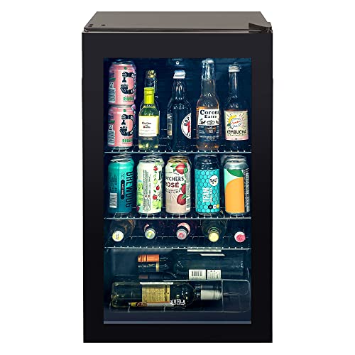 Kuhla 93 Litre/90 Can Drinks, Wine & Beer Fridge Black Freestanding Glass Door Under-Counter LED Light 3 Slide-out Chrome Shelves with Adjustable Thermostat, KBC3B