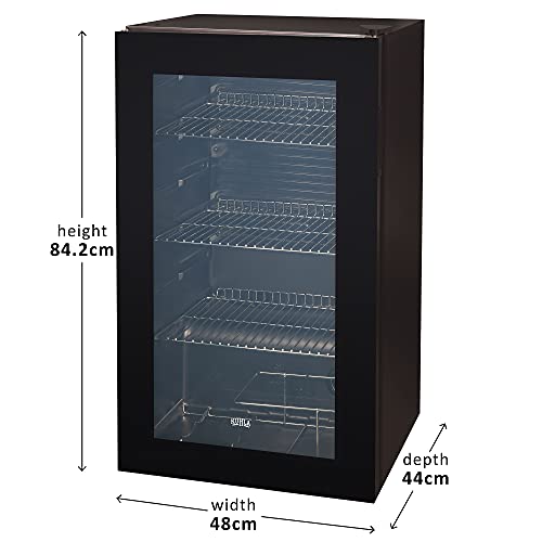 Kuhla 93 Litre/90 Can Drinks, Wine & Beer Fridge Black Freestanding Glass Door Under-Counter LED Light 3 Slide-out Chrome Shelves with Adjustable Thermostat, KBC3B