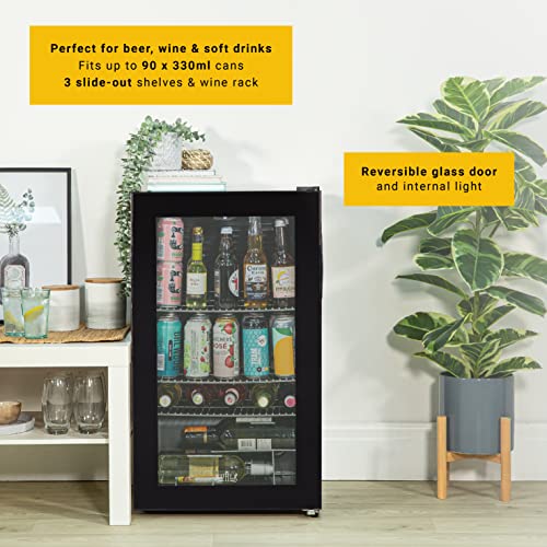 Kuhla 93 Litre/90 Can Drinks, Wine & Beer Fridge Black Freestanding Glass Door Under-Counter LED Light 3 Slide-out Chrome Shelves with Adjustable Thermostat, KBC3B