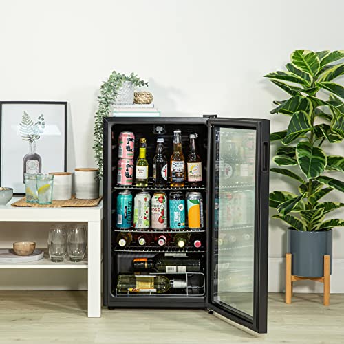 Kuhla 93 Litre/90 Can Drinks, Wine & Beer Fridge Black Freestanding Glass Door Under-Counter LED Light 3 Slide-out Chrome Shelves with Adjustable Thermostat, KBC3B