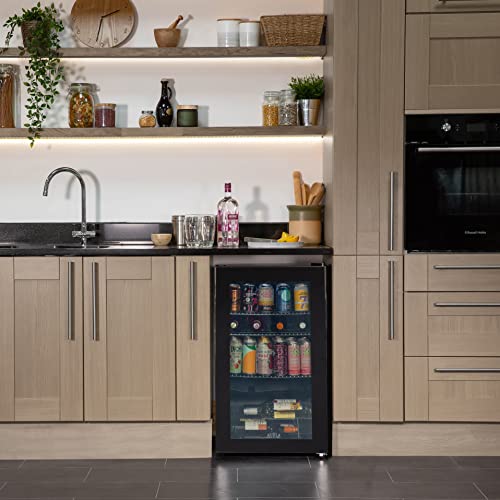 Kuhla 93 Litre/90 Can Drinks, Wine & Beer Fridge Black Freestanding Glass Door Under-Counter LED Light 3 Slide-out Chrome Shelves with Adjustable Thermostat, KBC3B