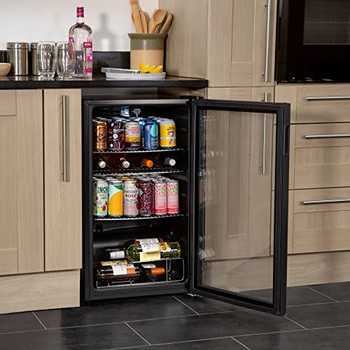 Kuhla 93 Litre/90 Can Drinks, Wine & Beer Fridge Black Freestanding Glass Door Under-Counter LED Light 3 Slide-out Chrome Shelves with Adjustable Thermostat, KBC3B