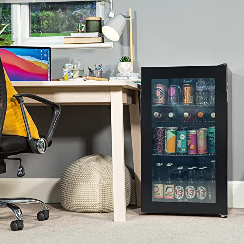 Kuhla 93 Litre/90 Can Drinks, Wine & Beer Fridge Black Freestanding Glass Door Under-Counter LED Light 3 Slide-out Chrome Shelves with Adjustable Thermostat, KBC3B