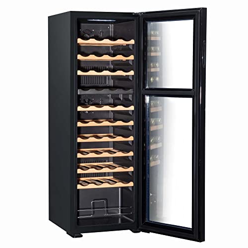 Baridi 44 Bottle Dual Zone Wine Cooler, Fridge with Digital Touch Screen Controls, Wooden Shelves & LED Light, Black - DH92