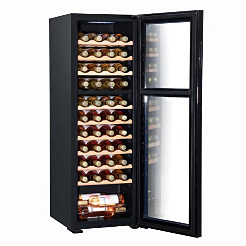 Baridi 44 Bottle Dual Zone Wine Cooler, Fridge with Digital Touch Screen Controls, Wooden Shelves & LED Light, Black - DH92