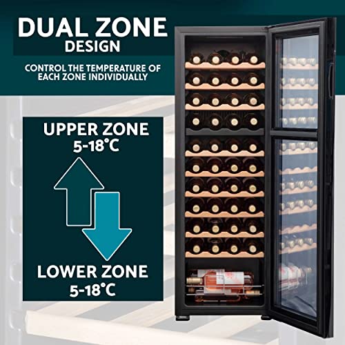 Baridi 44 Bottle Dual Zone Wine Cooler, Fridge with Digital Touch Screen Controls, Wooden Shelves & LED Light, Black - DH92