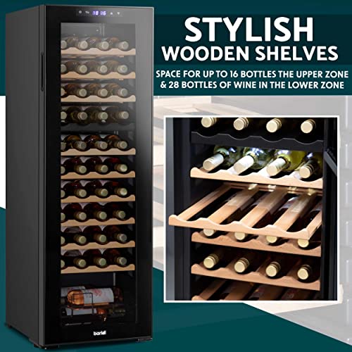 Baridi 44 Bottle Dual Zone Wine Cooler, Fridge with Digital Touch Screen Controls, Wooden Shelves & LED Light, Black - DH92