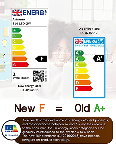 Ariseno 2W E14 LED Light Bulb, Fridge Bulbs, 200LM 3000K Warm White, Small Edison Screw Bulbs Mini, Replacement for 20W Halogen Bulb, Appliance Bulbs for Fridge, Cooker Hood, Night Light, Pack of 2