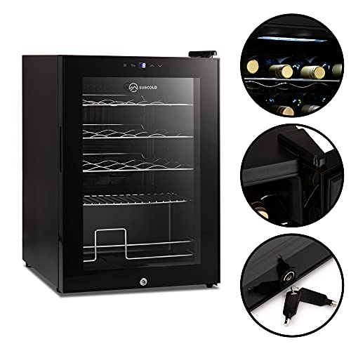 Subcold Viva20 LED – Table-Top Wine Fridge Black | 3-18°C | 20 Bottle Capacity | 57L Counter-Top Cooler | LED + Lock & Key | Glass Door Drinks Cellar | Single-Zone