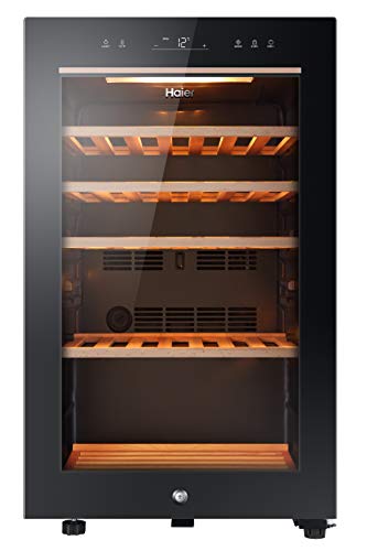 Haier HWS49GA Freestanding Wine Cooler, Single Zone 49 Bottle Single Zone Temperature, 49 Bottle Storage, Anti-UV Glass Door, Anti-Vibration Shelves, 49.7cm wide, Black