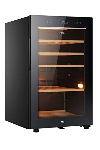 Haier HWS49GA Freestanding Wine Cooler, Single Zone 49 Bottle Single Zone Temperature, 49 Bottle Storage, Anti-UV Glass Door, Anti-Vibration Shelves, 49.7cm wide, Black