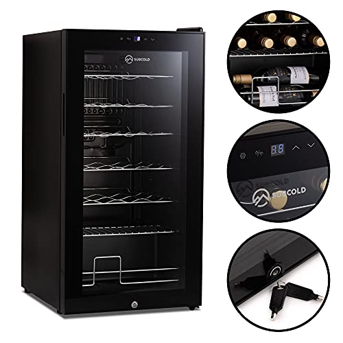 Subcold Viva28 LED – Under-Counter Wine Fridge Black | 3-18°C | Wine Cooler | LED + Lock & Key | Glass Door Drinks Cellar | Single-Zone (28 Bottle)