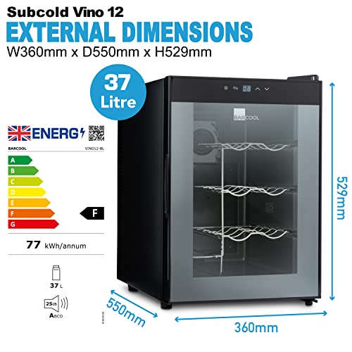 Barcool VINO12 – Table-Top Wine Fridge Black | 5-18°C | Wine Cooler | LED + Digital Display | Glass Door Drinks Cellar | Single-Zone