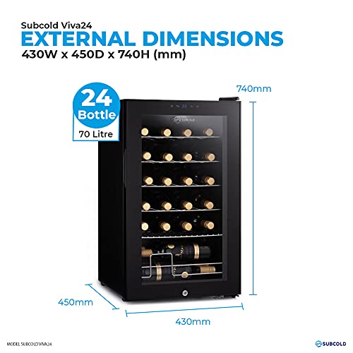 Subcold Viva24 LED – Under Counter Wine Fridge Black | 3-18°C | Wine Cooler | LED + Lock & Key | Glass Door Drinks Cellar | Single-Zone (24 Bottle)