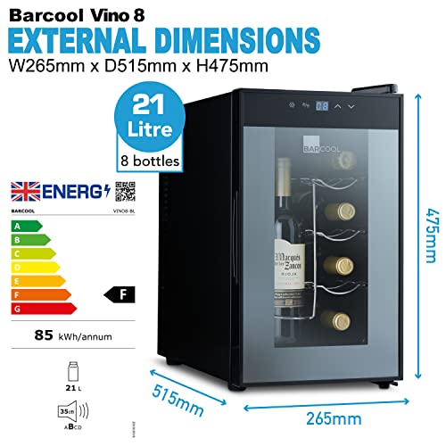 Barcool VINO8 – Table-Top Wine Fridge Black | 5-18°C | Wine Cooler | LED + Digital Display | Glass Door Drinks Cellar | Single-Zone (8 Bottle)