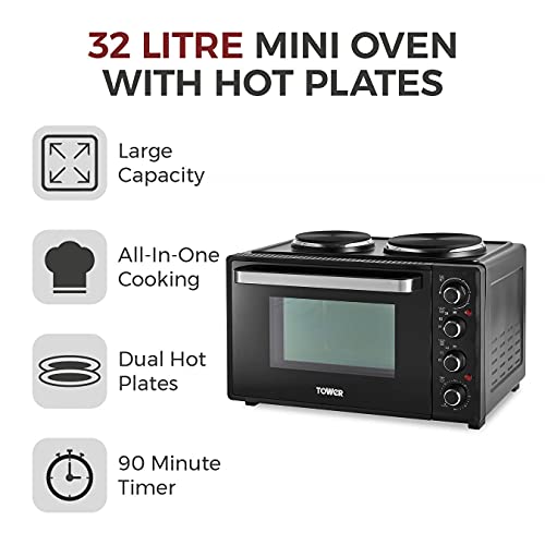 Tower T14044 Mini Oven with Dual Hot Plates, Adjustable Temperature Control, 90 Minute Timer, Baking Tray and Wire Rack, Black with Silver Accents, 32 Litre