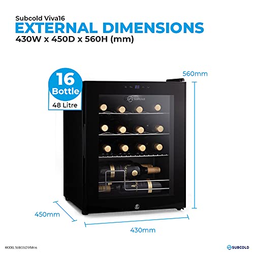 Subcold Viva16 LED – Table-Top Wine Fridge Black | 3-18°C | Wine Cooler | LED + Lock & Key | Glass Door Drinks Cellar | Single-Zone (16 Bottle)
