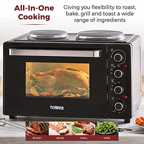 Tower T14044 Mini Oven with Dual Hot Plates, Adjustable Temperature Control, 90 Minute Timer, Baking Tray and Wire Rack, Black with Silver Accents, 32 Litre