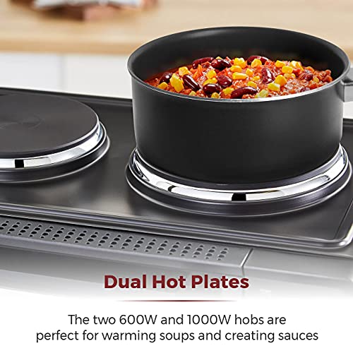 Tower T14044 Mini Oven with Dual Hot Plates, Adjustable Temperature Control, 90 Minute Timer, Baking Tray and Wire Rack, Black with Silver Accents, 32 Litre