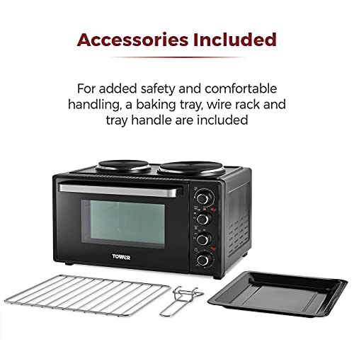 Tower T14044 Mini Oven with Dual Hot Plates, Adjustable Temperature Control, 90 Minute Timer, Baking Tray and Wire Rack, Black with Silver Accents, 32 Litre