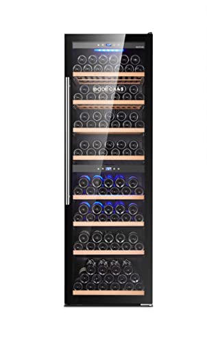 BODEGA43-180 Freestanding Wine Fridge - Large Wine Cooler with 2 zones, 5-20 ºC, 480 litres, 180 bottles, 8 shelves, full-glass design door, low noise (41 dB) and very little vibration