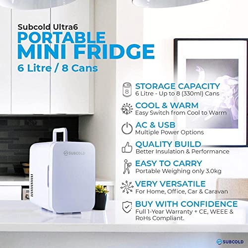 Subcold Ultra 6 Mini Fridge Cooler & Warmer | 3rd Gen | 6L capacity | Compact, Portable and Quiet | AC+USB Power Compatibility (White)